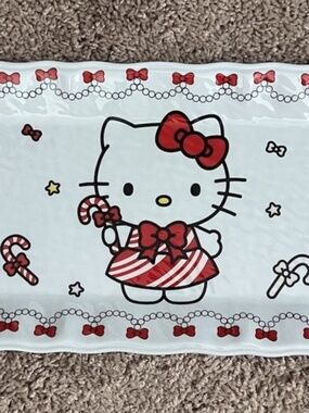 Hello Kitty Christmas Platter Tray Sanrio Holiday Candy Cane Red Bow Plate